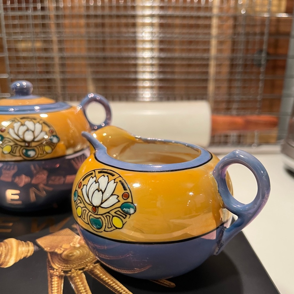 Vintage Japanese Lusterware Creamer + Covered Sugar Set “Made in Japan” Lotus
